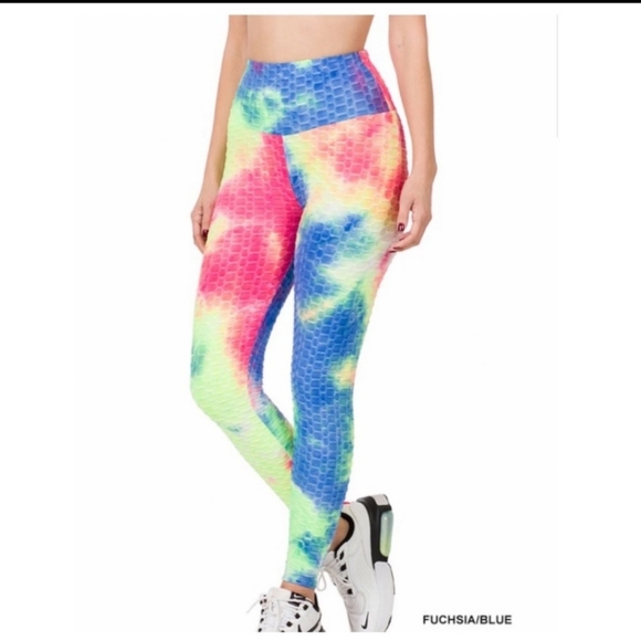 🔥$5🔥TIE-DYE HONEYCOMB LEGGINGS FUSCHIA/GREEN & BLUE-NEW - Picture 4 of 5